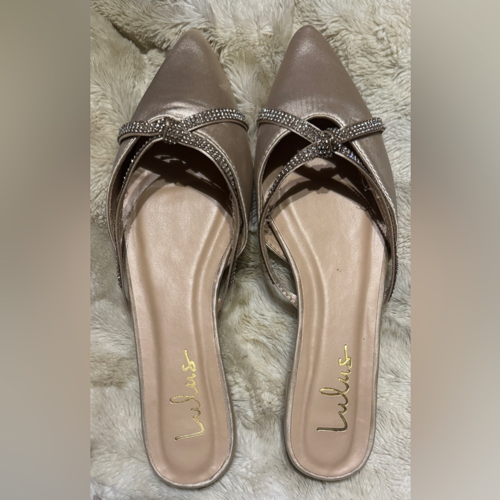 Lulu's Champagne Satin Heels with Rhinestone Straps
